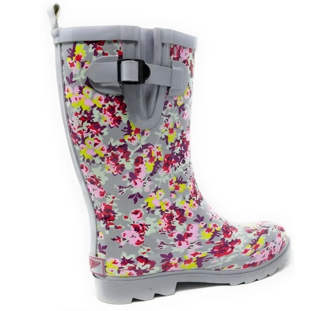Women's Rain Boots, Mid Calf RainBoots, RB-6041, Grey Flowers, Size 9